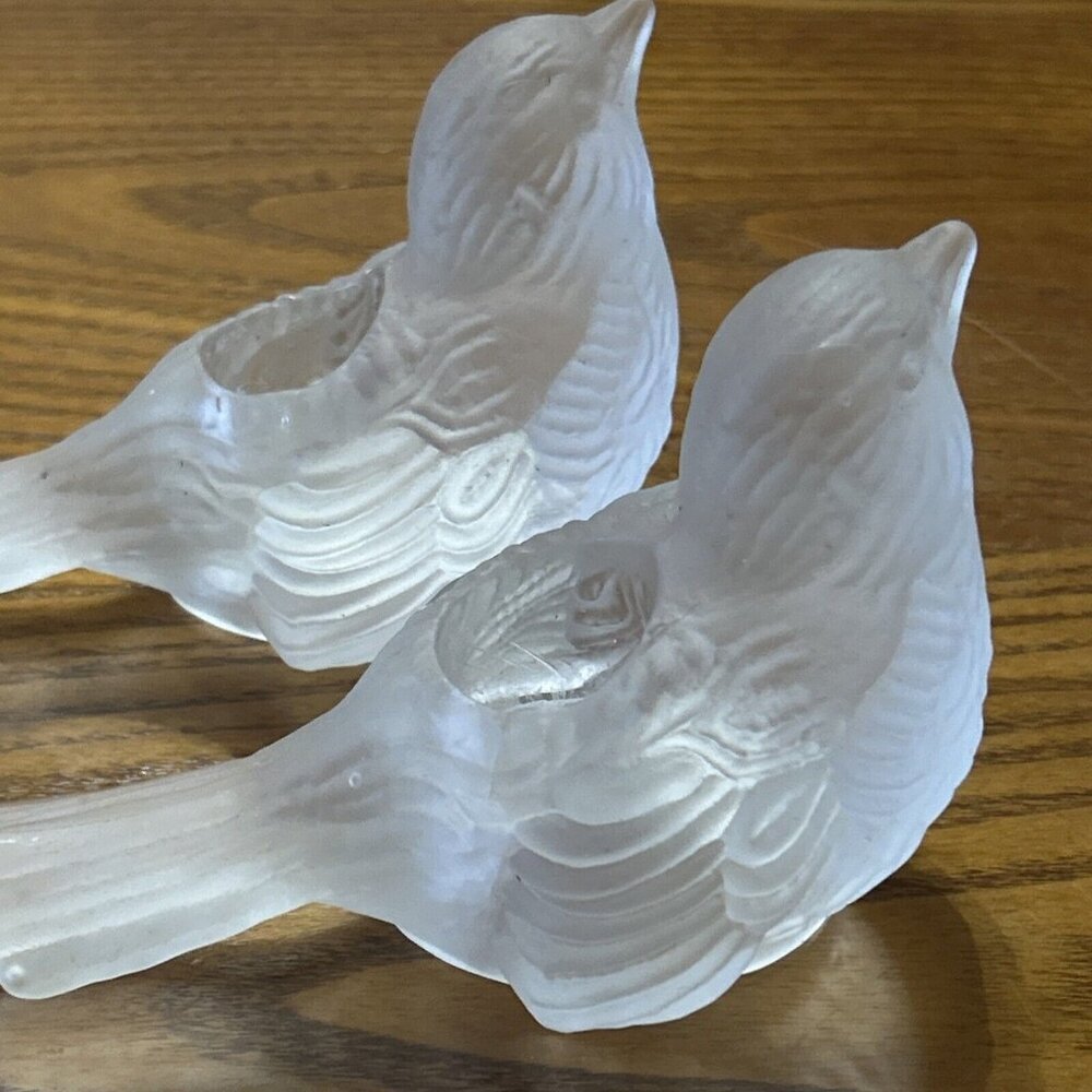 Pair Of Vtg Frosted Glass Bird Candlestick Holders Made By Crystal Clear Glass